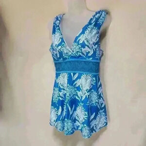 NWOT Sky Blue & White XL Swimdress Top Only Wide Lace‎ Band Gathered Shoulders